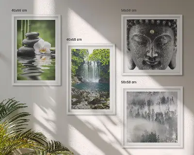 Compoziție de tablouri pentru perete cu tematică natura, pietre, apă și Buddha