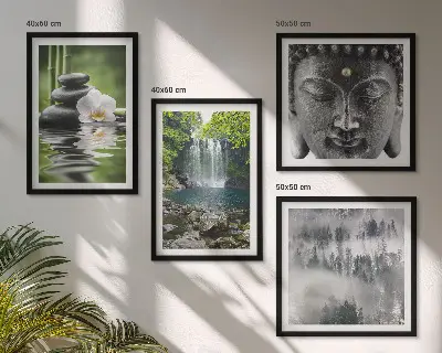 Compoziție de tablouri pentru perete cu tematică natura, pietre, apă și Buddha