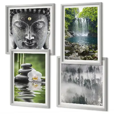 Compoziție de tablouri pentru perete cu tematică natura, pietre, apă și Buddha