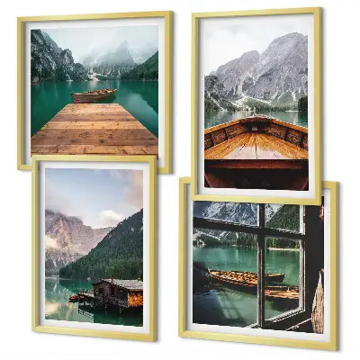 Compoziție de tablouri pentru perete cu peisaje montane, cabane și bărci