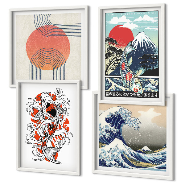 Compoziție de tablouri pentru perete Ilustrații cu munți de pești, valuri, Japonia