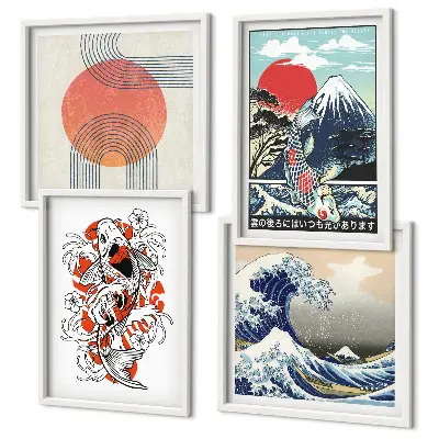 Compoziție de tablouri pentru perete cu ilustrații de munți de pești, valuri și tematică japoneză
