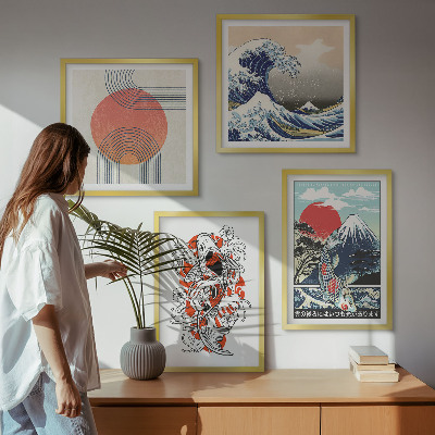 Compoziție de tablouri pentru perete Ilustrații cu munți de pești, valuri, Japonia