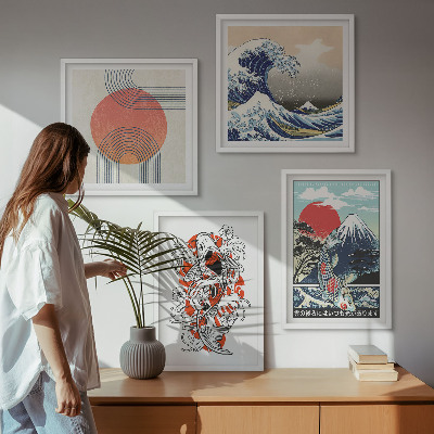 Compoziție de tablouri pentru perete Ilustrații cu munți de pești, valuri, Japonia