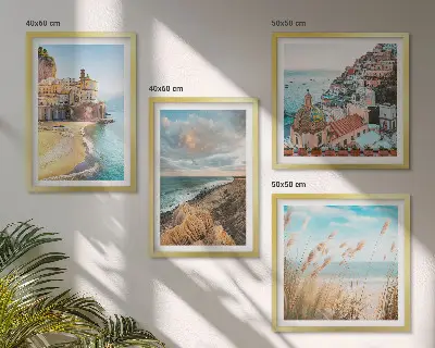 Compoziție de tablouri pentru perete cu peisaje de plajă, oraș și stânci