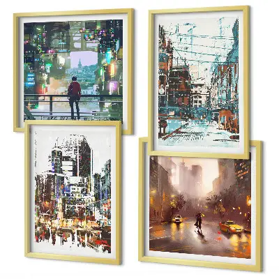 Set de tablouri orașe moderne și colorate cu personaje gata de agățat