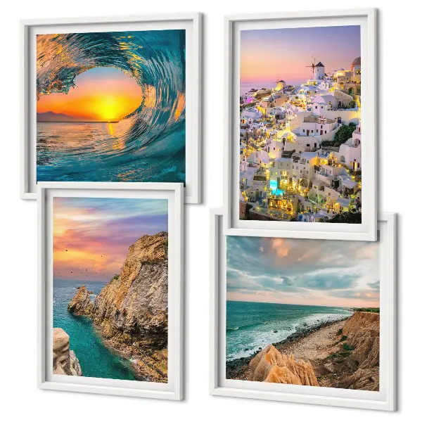 Compoziție de tablouri pentru perete cu valuri ale mării și case albe din Santorini