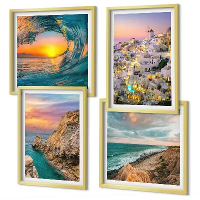 Compoziție de tablouri pentru perete cu valuri ale mării și case albe din Santorini