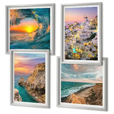 Compoziție de tablouri pentru perete cu valuri ale mării și case albe din Santorini
