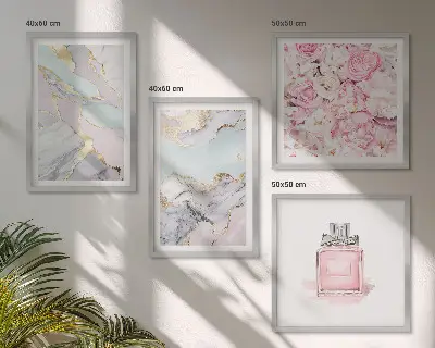 Compoziție de tablouri pentru perete cu model de flori roz în nuanțe pastel de marmură