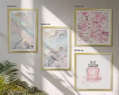 Compoziție de tablouri pentru perete cu model de flori roz în nuanțe pastel de marmură
