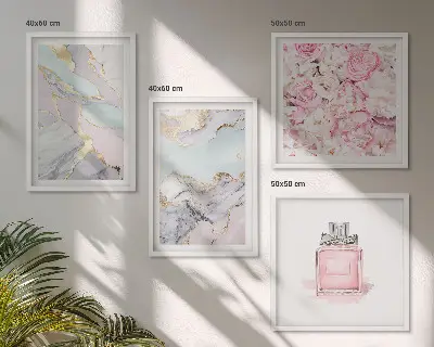 Compoziție de tablouri pentru perete cu model de flori roz în nuanțe pastel de marmură