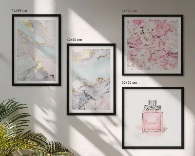 Compoziție de tablouri pentru perete cu model de flori roz în nuanțe pastel de marmură