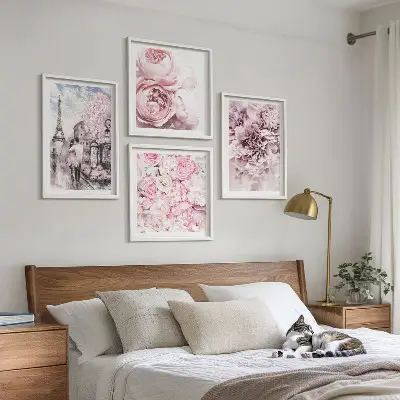 Set de tablouri gata de agățat cu peisaj romantic cu flori roz