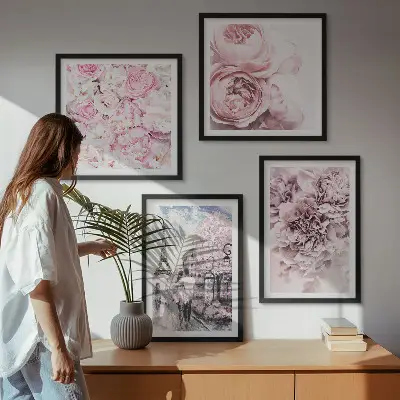 Set de tablouri gata de agățat cu peisaj romantic cu flori roz