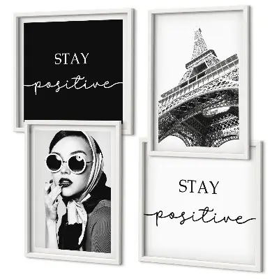 Compoziție de tablouri pentru perete cu portrete și sloganuri inspirate de Turnul Eiffel