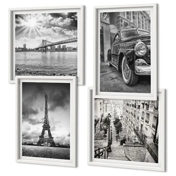Set de tablouri gata de agățat cu vederi ale orașului, poduri, Turnul Eiffel și mașini