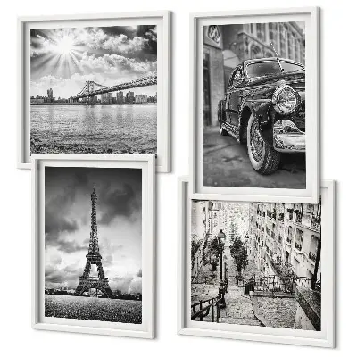 Set de tablouri gata de agățat cu vederi ale orașului, poduri, Turnul Eiffel și mașini