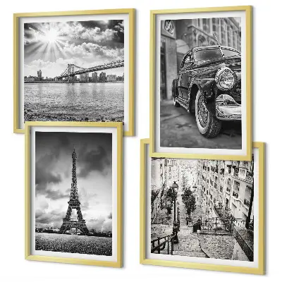 Set de tablouri gata de agățat cu vederi ale orașului, poduri, Turnul Eiffel și mașini