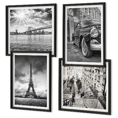Set de tablouri gata de agățat cu vederi ale orașului, poduri, Turnul Eiffel și mașini