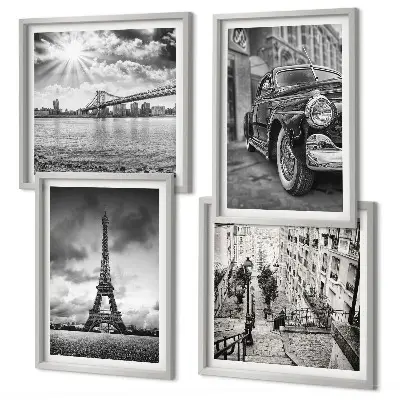 Set de tablouri gata de agățat cu vederi ale orașului, poduri, Turnul Eiffel și mașini