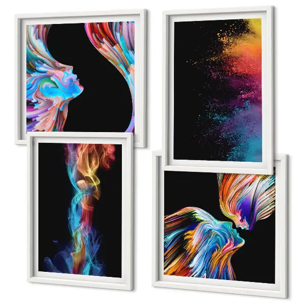 Set de tablouri gata de agățat cu abstracțiuni colorate, fețe și forme