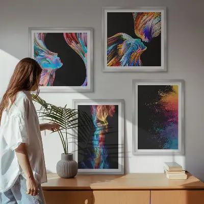 Set de tablouri gata de agățat cu abstracțiuni colorate, fețe și forme