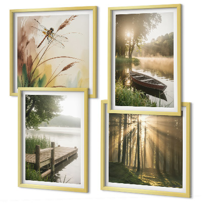 Compoziție de tablouri pentru perete Lac, pădure, barcă, ceață de dimineață