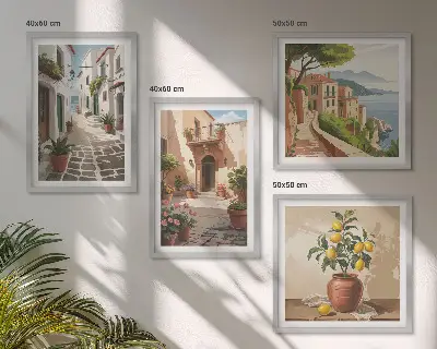 Set de tablouri gata de agățat cu străzi, case, plante și ghivece