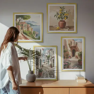 Set de tablouri gata de agățat cu străzi, case, plante și ghivece