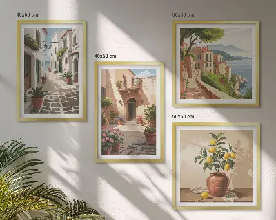 Set de tablouri gata de agățat cu străzi, case, plante și ghivece
