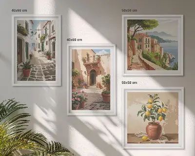 Set de tablouri gata de agățat cu străzi, case, plante și ghivece