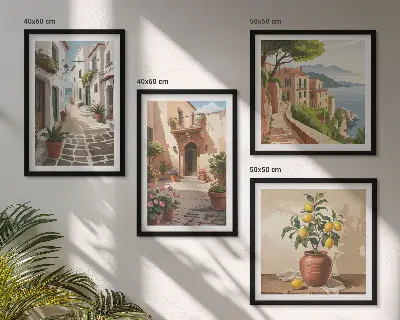 Set de tablouri gata de agățat cu străzi, case, plante și ghivece