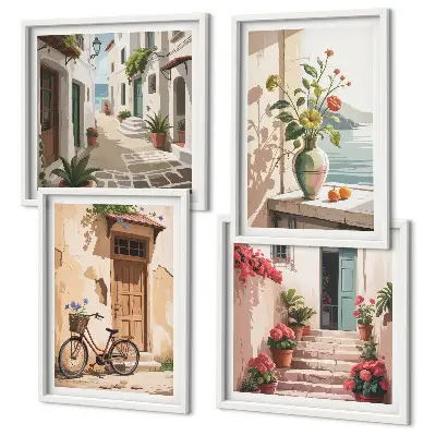 Set de tablouri gata de agățat cu model de străzi flori și bicicletă pictată