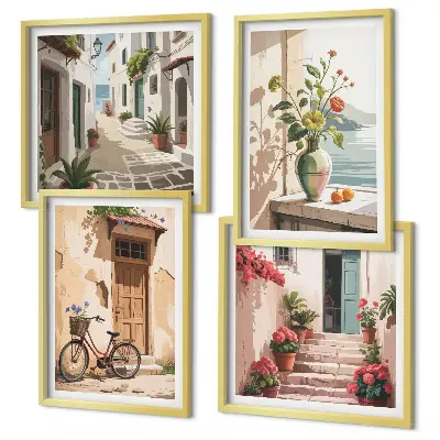 Set de tablouri gata de agățat cu model de străzi flori și bicicletă pictată