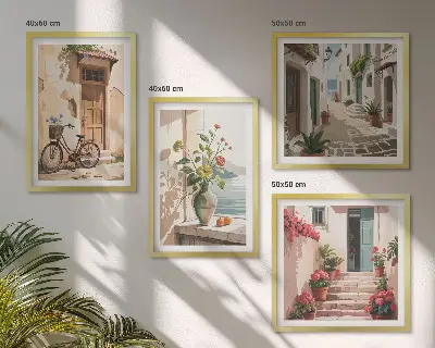 Set de tablouri gata de agățat cu model de străzi flori și bicicletă pictată