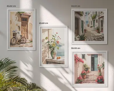 Set de tablouri gata de agățat cu model de străzi flori și bicicletă pictată