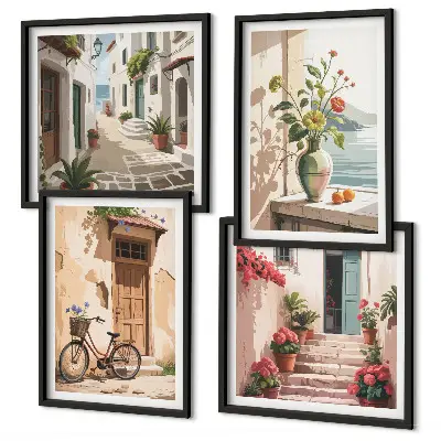 Set de tablouri gata de agățat cu model de străzi flori și bicicletă pictată