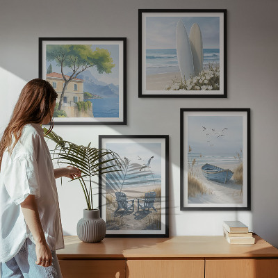 Compoziție de tablouri pentru perete Placi de plajă surf barcă păsări