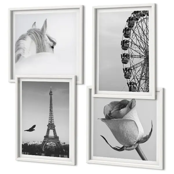 Set de tablouri gata de agățat cu roată Ferris, Turnul Eiffel, trandafir și cal, alb-negru