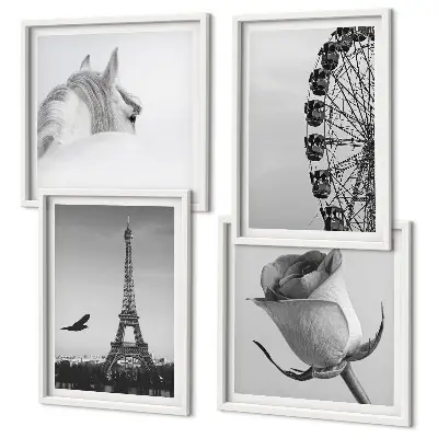 Set de tablouri gata de agățat cu roată Ferris, Turnul Eiffel, trandafir și cal, alb-negru