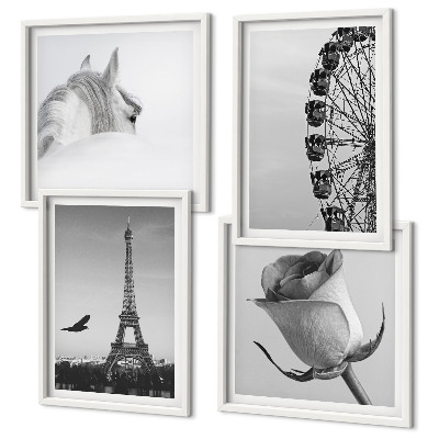 Set tablouri gata de agățat Roată Ferris Turnul Eiffel Trandafir Cal Alb-negru