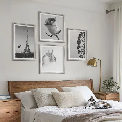 Set de tablouri gata de agățat cu roată Ferris, Turnul Eiffel, trandafir și cal, alb-negru