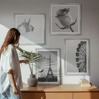 Set de tablouri gata de agățat cu roată Ferris, Turnul Eiffel, trandafir și cal, alb-negru