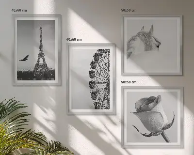 Set de tablouri gata de agățat cu roată Ferris, Turnul Eiffel, trandafir și cal, alb-negru