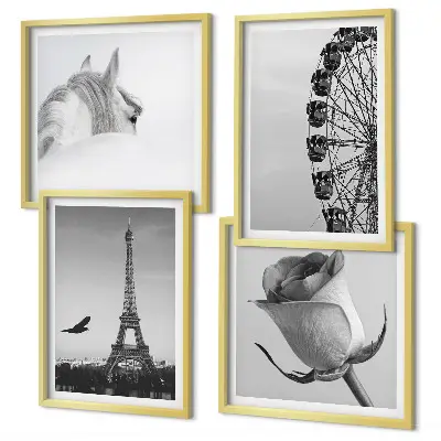 Set de tablouri gata de agățat cu roată Ferris, Turnul Eiffel, trandafir și cal, alb-negru