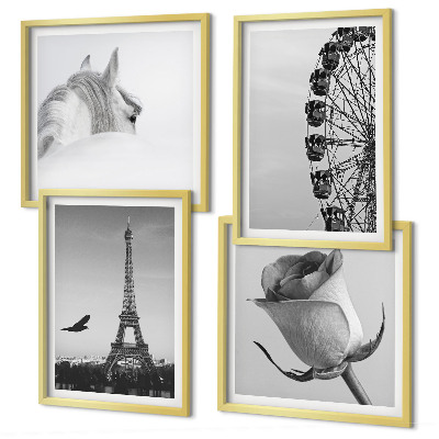 Set tablouri gata de agățat Roată Ferris Turnul Eiffel Trandafir Cal Alb-negru