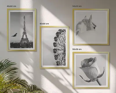 Set de tablouri gata de agățat cu roată Ferris, Turnul Eiffel, trandafir și cal, alb-negru