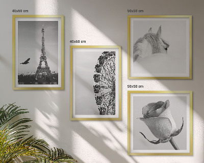 Set tablouri gata de agățat Roată Ferris Turnul Eiffel Trandafir Cal Alb-negru