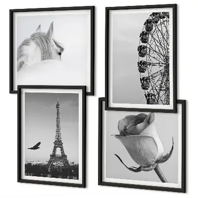 Set de tablouri gata de agățat cu roată Ferris, Turnul Eiffel, trandafir și cal, alb-negru
